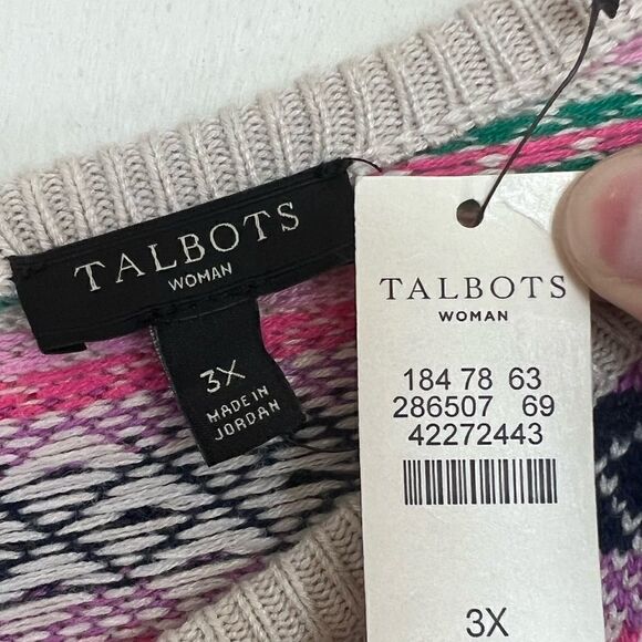 Talbots Ivory/Pink Multi Long Sleeve Argyle/Fair Isle Full Back Zip Sweater 3X - Picture 8 of 9